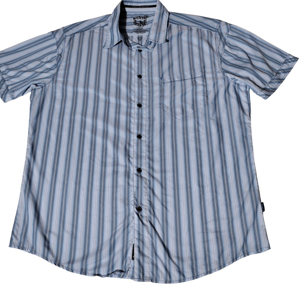 Kuhl Eluxur Mens Large Blue Striped Short Sleeve Button Down Performance Shirt